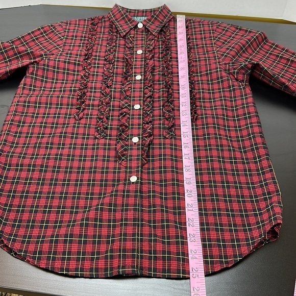 Lauren Ralph Lauren Red Black Plaid Button Front Ruffle Shirt Sz PS 90’s Vtg - Picture 10 of 12
